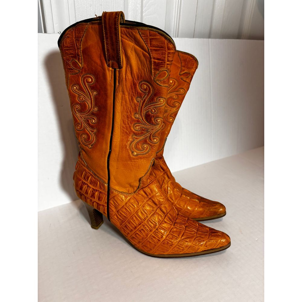 El‎ Paisa Women's Vintage Western Cowboy Boots Tan Leather Embroidered Crocodile